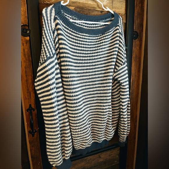 Oversized, Off the Shoulder Striped Navy and White Women's Sweater - Picture 2 of 4